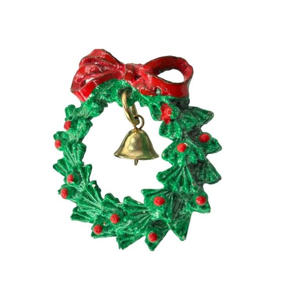 Vintage Holiday Christmas Wreath with Bell Brooch Pin 1 5/8" Diameter - Picture 2 of 5